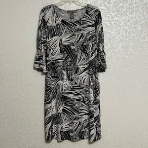 Alexandra + Oak Black White Shift Dress Leaves Print 3/4 Sleeve Knee Length XL